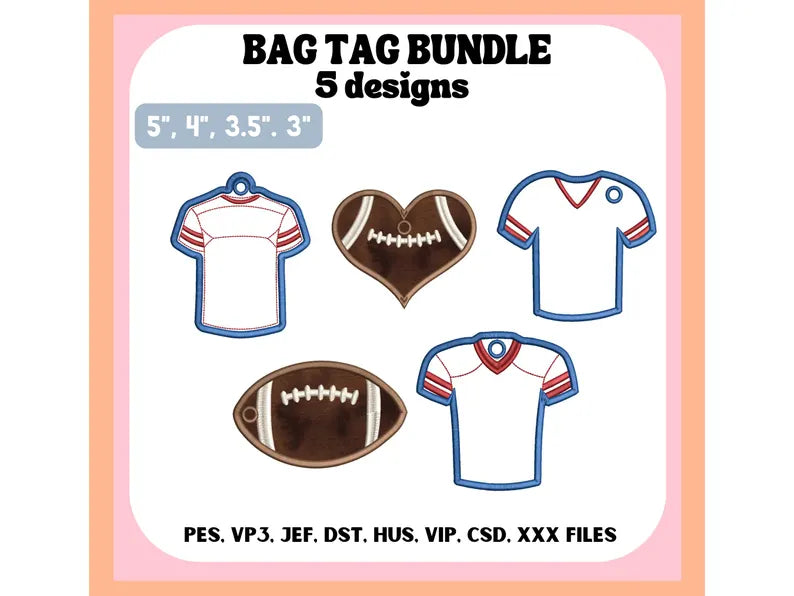 Football Bag Tag Applique Embroidery Bundle,  2