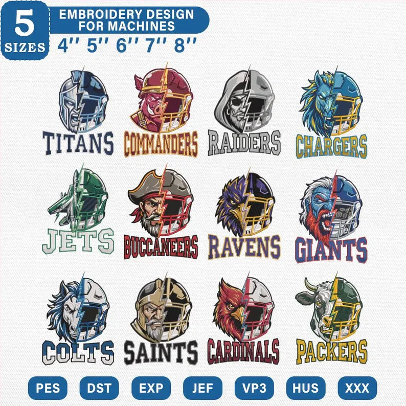 Football Bundle 32 Teams, Mascot Helmet Embroidery Machine File, 5 sizes